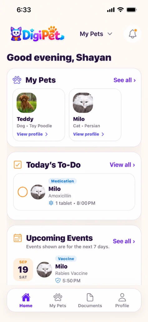 DigiPet home screen showing pets, today’s to-do and upcoming events